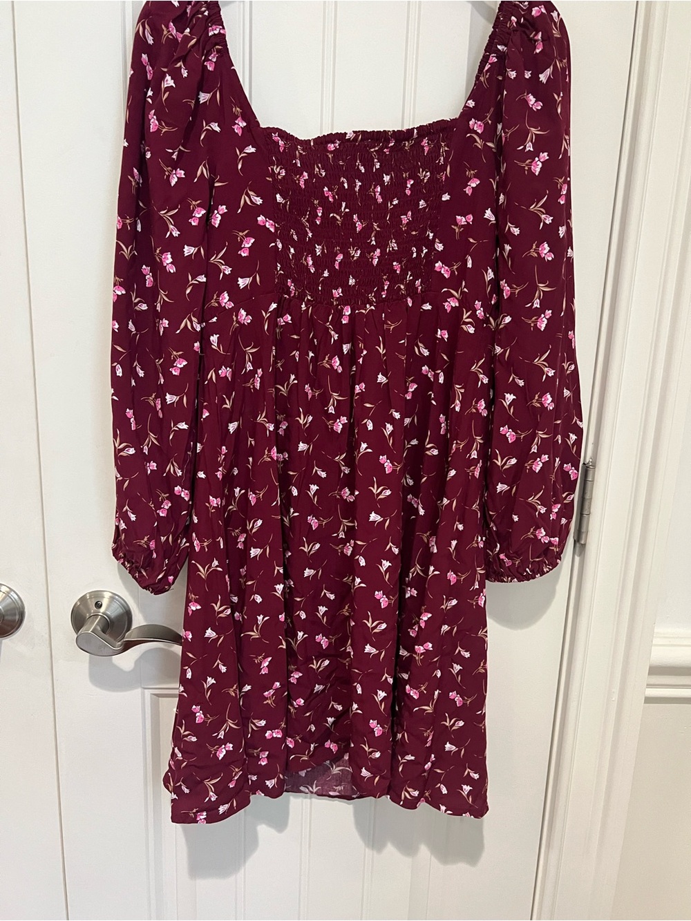 Gap NWT Smocked Floral Mini Dress – Burgundy Long Sleeve Cottagecore - Picture 7 of 8